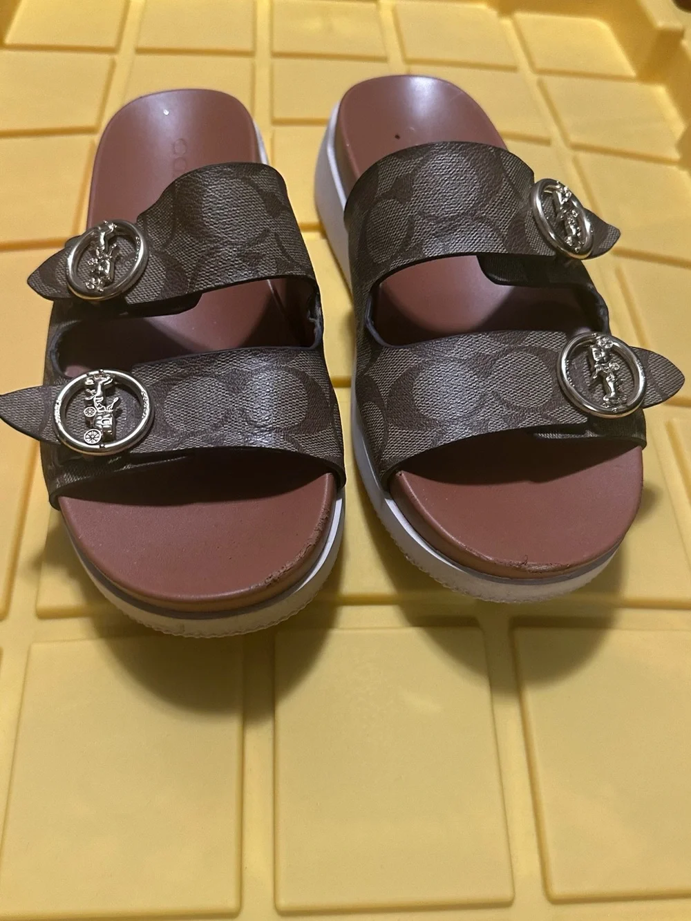 Coach Kids Brown Signature Double-Strap Slide Sandals with Silver Buckles - Picture 1 of 8